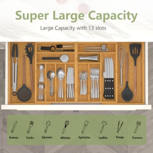 Suli Extra Large Silverware Drawer Organizer,Expandable 22in to 37in,Bamboo | 2.6in Deep,13 Slot,Removable Design,Expandable Utensil Tray for Kitchen Drawer,Big Adjustable Cooking Cutlery Flatware Holder - Image 3