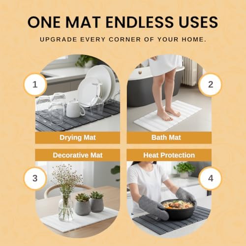 2-In-1 Stone Dish Drying Mat Set For Kitchen Counter. New Collapsiable Space Saving Diatomaceous Earth Stone Dish Mat 23.6"(L)x15.3"(W) + Faucet Protector 23.6"(L)x4(W)- Ultra Absorbent Non-Slip-White - Image 2
