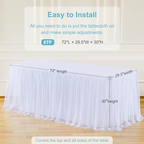 White Table Cloth Rectangle Table Covers for 6 Foot Tables, White Tulle Table Skirt Rectangle Table 6ft Stretch Tulle Tablecloth Skirt Fitted Elastic Banquet Party Wedding Table Cloth for 6 Foot Table - Image 4