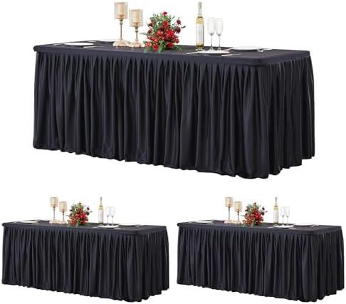 Wish Care 3 Pack Black Polyester Table Clothes for 6 Foot Rectangle Tables, Wrinkle Free Fitted Table Cover with Pleated Ruffle Table Skirt for Party Baby Shower Wedding Birthday Event Display by WishCare