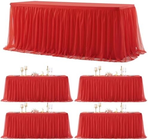 Suppromo 4 Pack 6ft Red Tulle Tablecloths for Rectangle Tables, 6 Foot Red Rectangular Table Cloth Wrinkle Free Tablecover with Tutu Skirt for Baby Shower Wedding Birthday Party Banquet Buffet Cake by Suppromo