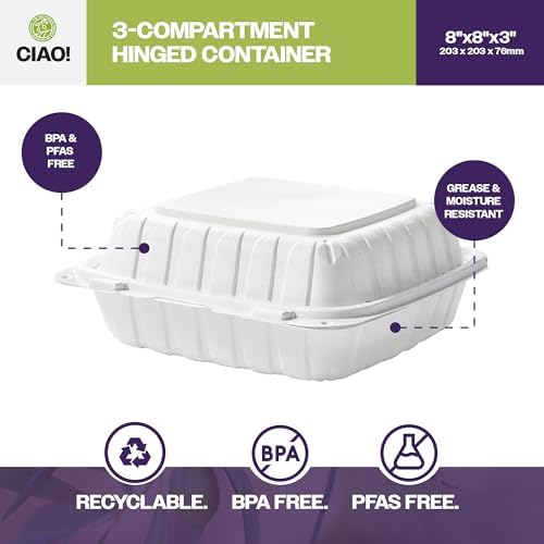 CIAO! 8"x8"x3" MFPP White Hinged Container With Lid 3 Compartment (Case of 200) - Image 2