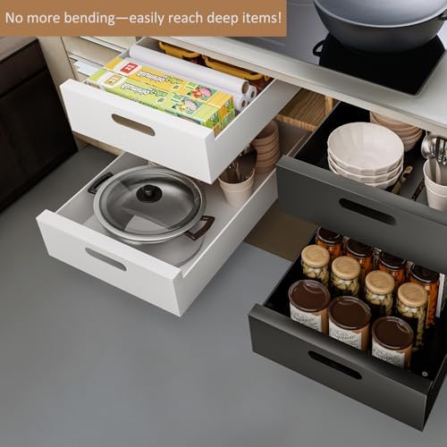 HBL' 2 Pack | 21" Deep Pull Out Cabinet Organizer Adhesive, 10-Inch Wide Sturdy Carbon Steel Roll-Out Drawers, Designed for Frameless Cabinets, Slide-Out Shelves for Pantry. - Image 6