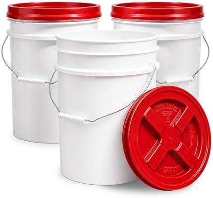 ePackageSupply 5 Gallon Bucket - Food Grade w/Lid BPA-Free, White/Red, 3 | Airtight Gamma Seal Screw-On Lid, Heavy-Duty 90 Mil HDPE Plastic, Food Safe and Durable Container, Bulk Storage, Made in USA by ePackageSupply
