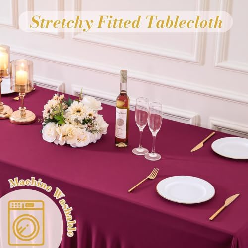 Besutolife 2 Pack Burgundy Table Cloths for 8 Foot Rectangle Tables, Wrinkle Free Fitted Spandex Table Covers 8ft, Stretch Tablecloth with Skirt for Wedding Birthday Banquet Parties - Image 7