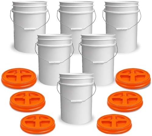 ePackageSupply 5 Gallon Bucket - Food Grade w/Lid BPA-Free, White/Orange, 6 | Airtight Gamma Seal Screw-On Lid, Heavy-Duty 90 Mil HDPE Plastic, Food Safe and Durable Container, Bulk Storage, Made in USA by ePackageSupply