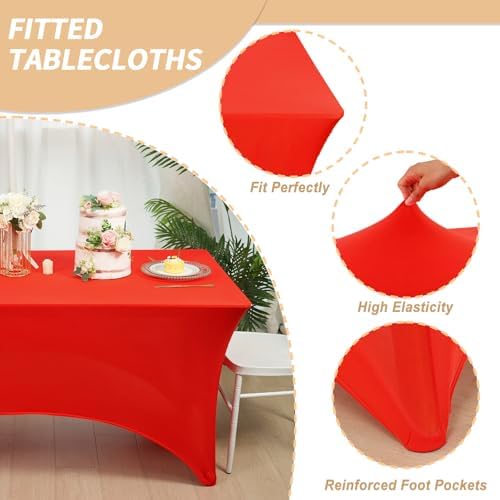 Fixwal 3 Pack 6FT Red Tablecloth Rectangle Spandex Fitted Table Cover - Image 2