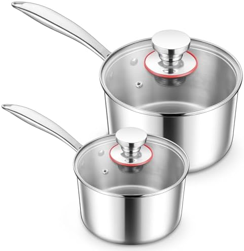 E-far Triply Stainless Steel Saucepan Set, 1Qt & 3 Qt Sauce Pan Pot with Lid for Cooking Pasta Warming Milk Boiling Water, Small Metal Cookware for Kitchen, Induction Ready & Heavy Duty by E-far