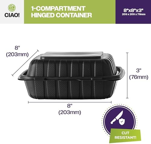 CIAO! 8"x8"X3" MFPP Black Hinged Container With Lid 1 Compartment (Case of 200) - Image 4