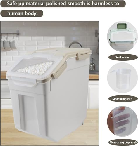 25LB Large Flour Storage Container Bin,4 Pack Airtight Plastic with Wheels Seal Locking Lid Dispenser Organizer Storage Bin with Measuring Cup & Scoop for Flour, Rice, Grain 100LBS Total，Grey - Image 6