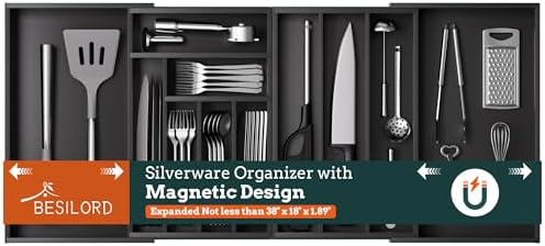 Bamboo Expandable Silverware Drawer Organizer 11 Slots Utensil Holder Black | Magnetic Adjustable Connection, 21-37.4 Inch Telescopic, 11 Divided Compartments, Black Bamboo, Classify All Kitchen Flatware by Besilord