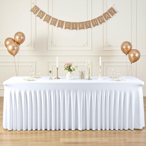 2 Pack 8ft White Spandex Tablecloths for Rectangle Tables Wrinkle Free White Rectangle Table Cloth Stretch Fitted 8 foot Table Cover with Skirt for Wedding Birthday Party Banquet Baby Shower Buffet - Image 2