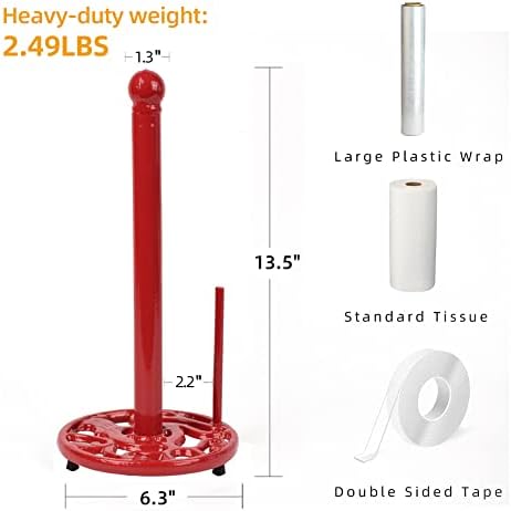 Red Cast Iron Paper Towel Holder for Kitchen Countertop - Vintage Freestanding Stand with Heavy Weighted Base, Retro Farmhouse Decor, Fits Jumbo Rolls, Easy One-Handed Tear - Image 6