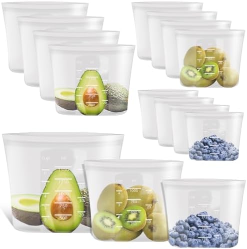 100% Platinum Silicone Reusable Storage Bags, 12 Pack, Premium Silicone Food Storage Bag Stand-Up Wide-Mouth Zip-Lock, Microwave Dishwasher Safe, 4 M + 4 S + 4 XS, Crystal-Clear by Annaklin