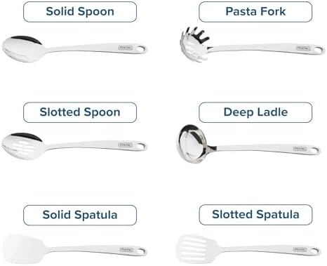 Viking Kitchen Utensils Set, 6 Piece Stainless Steel Cooking Utensil Set, Includes Spatulas, Spoons, Pasta Fork, and Deep Ladle, Hollow Forged, Silver - Image 5