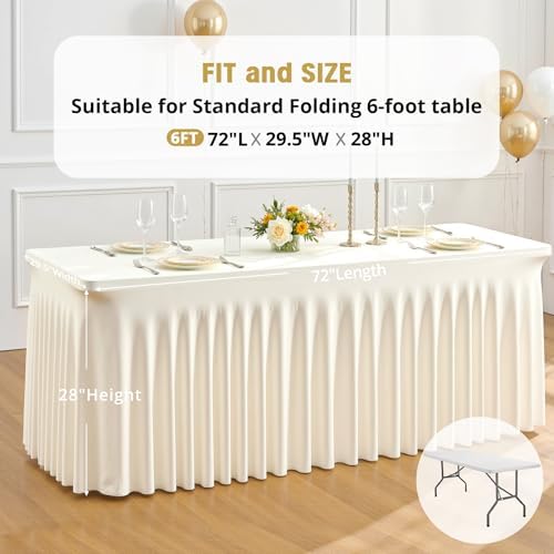 Suppromo 6ft Ivory Spandex Tablecloths for Rectangle Tables Wrinkle Free Ivory Table Cloth Rectangle Stretch Fitted Table Cover with Skirt for Wedding Birthday Party Banquet Baby Shower Buffet Event - Image 6