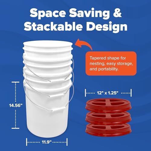 ePackageSupply 5 Gallon Bucket - Food Grade w/Lid BPA-Free, White/Red, 6 | Airtight Gamma Seal Screw-On Lid, Heavy-Duty 90 Mil HDPE Plastic, Food Safe and Durable Container, Bulk Storage, Made in USA - Image 3