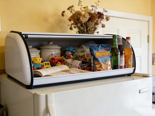 Large Metal Bread Box for Kitchen Countertop, White Roll Top Bin - Image 6