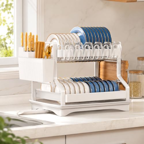 Fandian Dish Drying Rack 2 Tier White Dish Racks for Kitchen Counter and Sink, Large Dish Drying Rack with Drainboard & Utensil Holders Stainless Steel Dish Drainers Kitchen Organization and Storage by Fandian