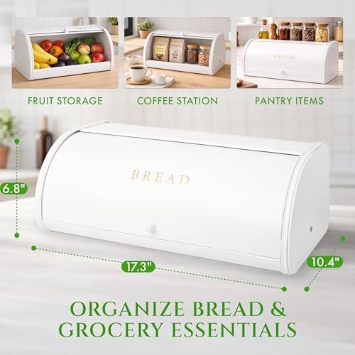 FINESSY Large Bread Box Roll Top, White Metal Bread Box For Kitchen Counter | Bread Box For Homemade Bread, Holds Two Loaves, Bagels & Muffins. White Metal Bread Box With Roll Top Lid 17.3 × 10.4 × 6.8 - Image 5