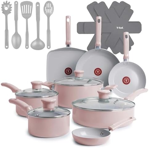 T-Fal Refresh Ceramic Pots and Pans Set, Nonstick Cookware, 20-Piece, Oven Safe to 350°F, Ceramic Cookware Set, Stockpot, Griddle, Frying Pans, Utensils, Dusty Rose by T-falbrand