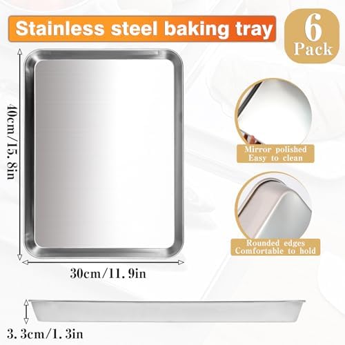 6 Pcs Baking Sheet,Stainless Steel Cookie Sheet,Metal Baking Pan Oven Tray,Commercial Sheet Pan for Oven Baking,Mirror Finish,Easy Clean & Dishwasher Safe,(16x12x1 Inch) - Image 2