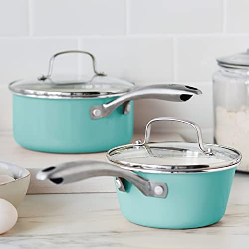 GreenLife Artisan Healthy Ceramic Nonstick, 1QT and 2QT Saucepan Pot Set with Lids, Stainless Steel Handle, PFAS-Free, Dishwasher Safe, Oven Safe, Turquoise - Image 2