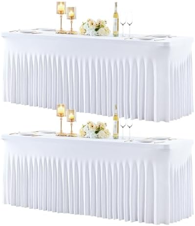 2 Pack 6ft White Spandex Tablecloths for Rectangle Tables Wrinkle Free White Rectangle Table Cloth, Stretch Fitted Table Cover with Skirt for Wedding Birthday Party Banquet Baby Shower Buffet Event by Suppromo
