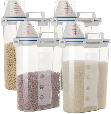 5.5 Lbs Rice Airtight Dry Food Storage Container Set of 4, Rice Storage Bin Cereal Containers Dispenser, Thicken Plastic Clear Food Storage Box with Pouring Spout, Measring Cup for Grain, Flour Snacks | BPA Free, Airtight Lid, with Pouring Spout, Clear... by jioko