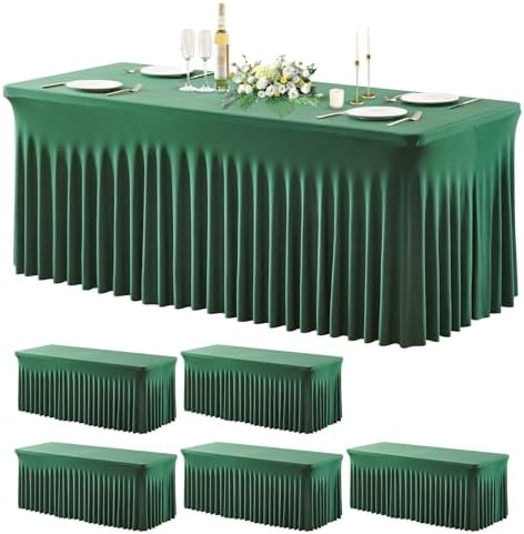 Wish Care 6 Pack Hunter Green Stretch Spandex Table Clothes for 8 Foot Rectangle Tables, 8FT Wrinkle Free Fitted Tablecloths Ruffles Design Table Cover for Party, Banquet, Wedding and Events by WishCare