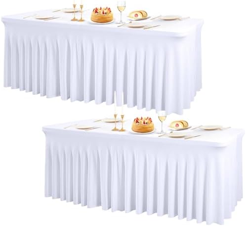 PARTISKY 2 Pack White Spandex Table Cloths for Rectangle Tables 8ft, White Table Skirt for Party, Table Cover with Skirt for Wedding Folding Table Banquet Baby Shower & Birthday Parties by Partisky
