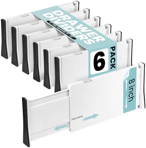 RAPTUROUS Adjustable Drawer Dividers, 8" Tall, Expandable 13.35-22", 6-Pack, Non-Slip for Deep Drawers in Kitchen, Bedroom, and Closet (White) by Rapturous