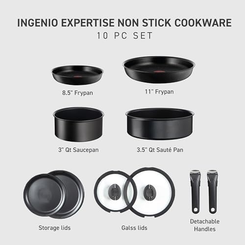T-fal Ingenio Expertise Non Stick Cookware Set 10 Piece, Induction, Oven Broiler Safe 500F, Stackable Cookware, Pots and Pans Set, RV, Camping, Frying Pans, Dishwasher Safe, Detachable Handle,Black - Image 2