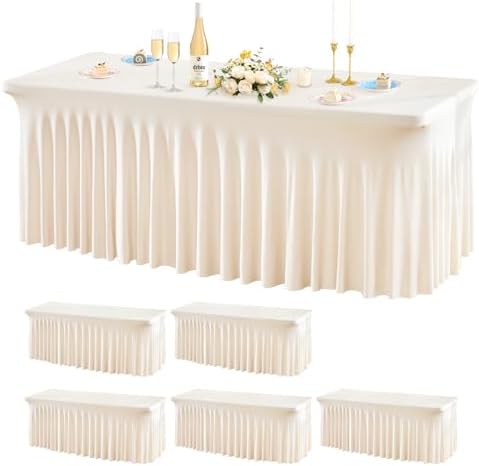 Wish Care 6 Pack Ivory Spandex Table Clothes for 6 Foot Rectangle Tables, 6FT Wrinkle Free Fitted Tablecloths Ruffles Design Table Cover for Party, Banquet, Wedding and Events by WishCare