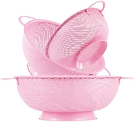 Stainless Steel Colander 3 Piece,Metal Strainer Basket with Solid Base and Handles for Kitchen Food,Pasta, Noodles, Vegetables and Fruits,Powder Coated,BPA Free,Dishwasher Safe,2 & 3 & 4.5 Qt (Pink) by Unknown
