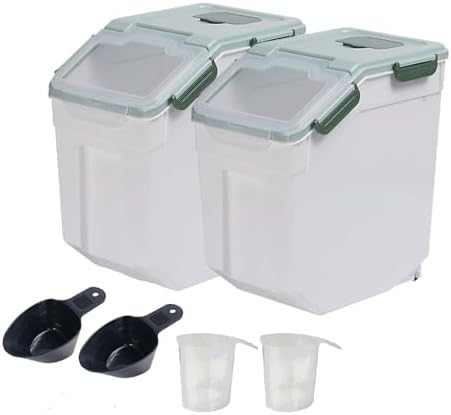 Large Flour Storage Container Bin 25lb, 2Pack Airtight Rice Storage Containers with Wheels Seal Locking Lid, BPA Free with Measuring Cup&Scoop for Flour, Rice, Grain(Green) by Begino