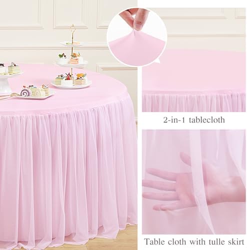 HB HBB MAGIC Light Pink Round Tablecloth 48 inch Stretchy Elastic Fitted Round Table Cloth Cover, Pink Table Cloths for Parties Tulle Table Cloth with Skirt Wedding Bridal Shower Tables Decoration - Image 4