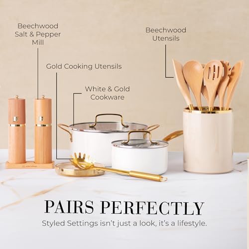 STYLED SETTINGS Beige Utensil holder, Beige & Gold | Ceramic, Cooking Utensil Storage & Gold Spoon Rest, Kitchen Organization & Farmhouse Décor - Image 7