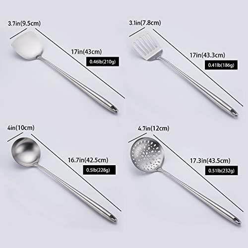 17″ Wok Utensils - Wok Spatula and Ladle, Skimmer Spoon, Slotted Spatula | 304 Stainless Steel Kitchen Utensils Set, 4-Pieces Extra Long Handle Cooking Tools, All Metal Chinese Wok Accessories - Image 2