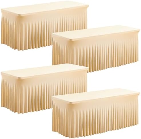 PARTISKY 4 Pack Champagne Spandex Table Cloths for Rectangle Tables 8ft, Champagne Table Skirt for Party, Table Cover with Skirt for Wedding Folding Table Banquet Baby Shower & Birthday Parties by Partisky