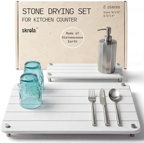2 Piece Stone Drying Mat Set 16x12 Inch Diatomite Dish Drying Mat for Kitchen Counter Fast Drying Eco Friendly Includes 8 Non Slip Legs (Lumina, 16"x12") by SkrolaHome