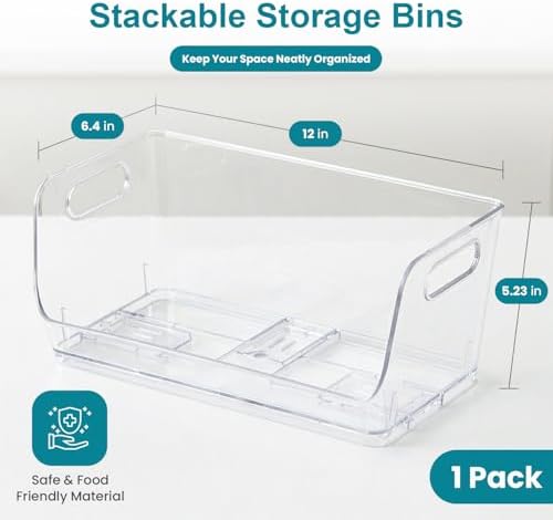 Basicwise 12-Inch Open-Front Clear Storage Bin with Easy-Grip Handle Stackable Transparent Plastic Organizer Container for Pantry Cabinet Refrigerator Drawers Closets and Shelf Organization, Large - Image 2