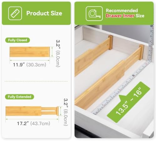 Utoplike Bamboo Dresser Drawer Dividers, Expandable Organizer for Clothing | Adjustable 3.2" High Drawers Separators for Kitchen, Bathroom, Bedroom, Office Storage, 4Pcs, Fit 13.5"-16" Inner Drawer - Image 3