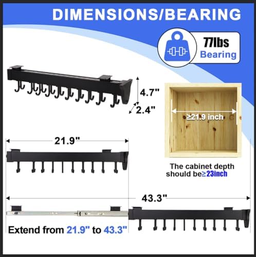 Hanging Pot Rack with 10 Hook for Cabinet 22" Pull Out Pot and Pan organizer Adjustable Pot Racks with Sliding Rail Storage Utility Rack Used for Kitchen/Closet/Cupboard,Load 75LBS - Image 2