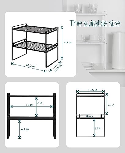 Shantton Cabinet Shelf Organizer, Pantry Shelf Rack, Black 16.1x10.6x7.3 | 2-Pack Stackable Metal Riser Holds 40LBS with Non-Slip Feet for Kitchen Pantry Bathroom Countertop Freezer Cupboard - Image 3
