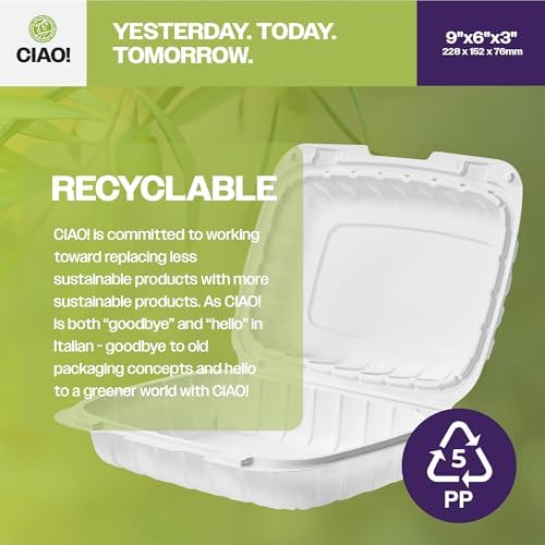CIAO! 9"x6"x3" MFPP White Hinged Container With Lid 1 Compartment (Case of 200) - Image 3