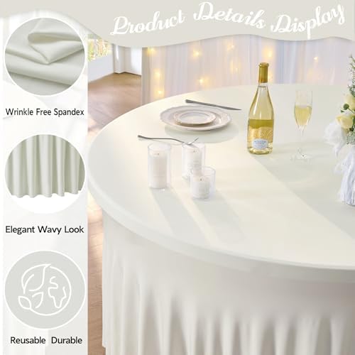 Outpain 8 Pack Spandex Ivory Round Tablecloths for 60in Tables, 120Inch Stretchy Fitted 5FT Round Table Clothes,Wrinkle Free Table Cover with Skirt for Wedding Party Dining Banquet - Image 3