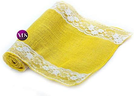 VDS Pack of 12, Burlap Table Runner with White Lace Edge, 100% Natural Jute Rustic Hessian Table Cloth Centerpiece for Wedding Birthday Party Banquet Table Decoration (Size 12X108 Inch)(Yellow) - Image 3