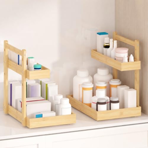 Bamboo Under Sink Organizer 2 Pack, 2-Tier Pull Out Cabinet Organizer - Image 4