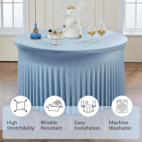 Outpain 6 Pack Dusty Blue Spandex Tablecloth for 72in/6FT Round Tables,Stretchy 132inch Fitted Round Table Cloths, Wrinkle Free Tablecloth with Skirt for Wedding, Graduation & Banquet - Image 3